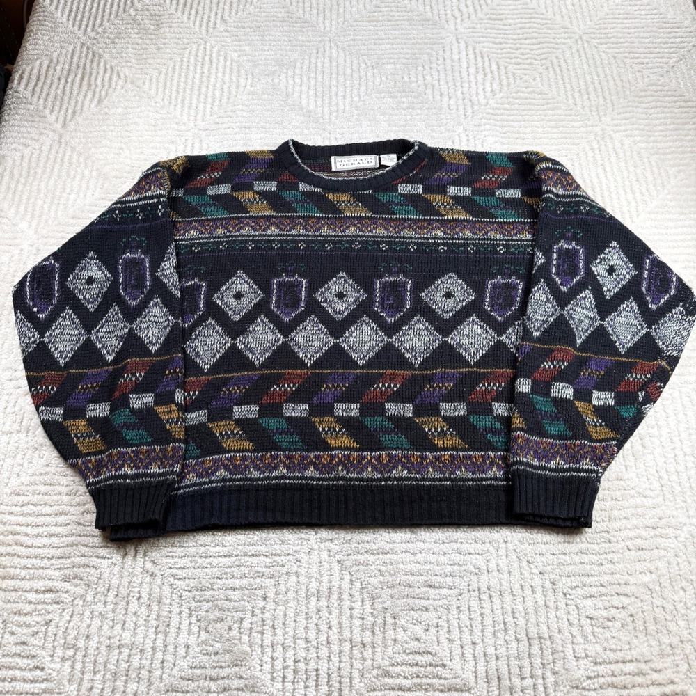 Michael Gerald Sweater Men's XL Black Knit Vintage 90s Grandpa Retro Intarsia